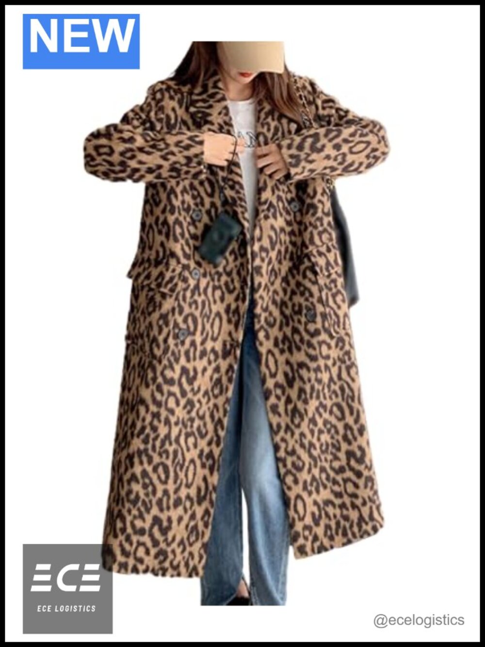 Wool Blend Leopard Print Double Breasted Pea Coat Long Trench Overcoat